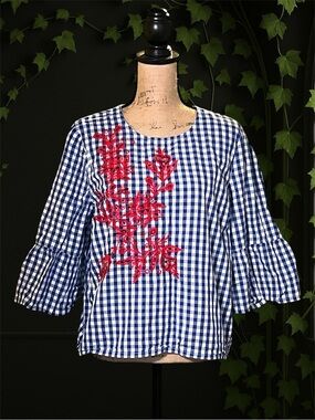 August Silk Red Floral Embroidered Ruffle Sleeve Blouse XL